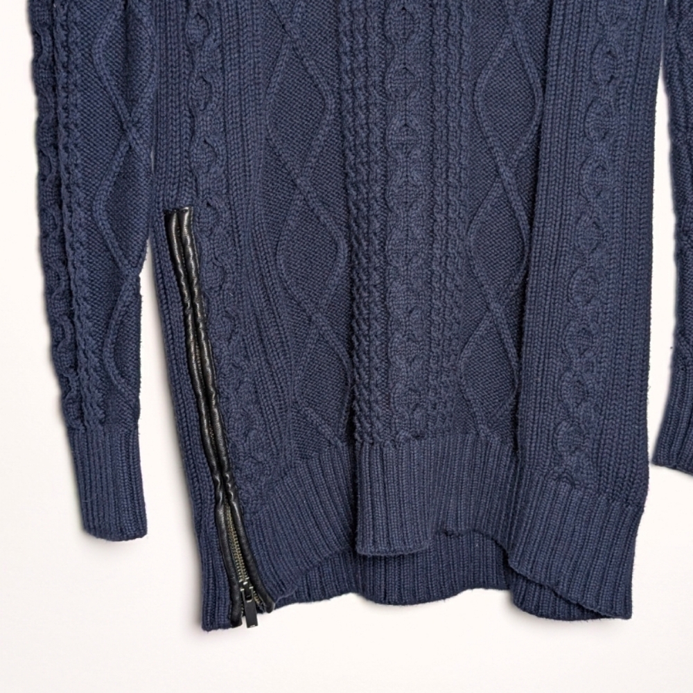 Banana Republic Women's Faux-Leather Trim Cable-Knit Pullover Small Cotton‎ Navy - Picture 2 of 9